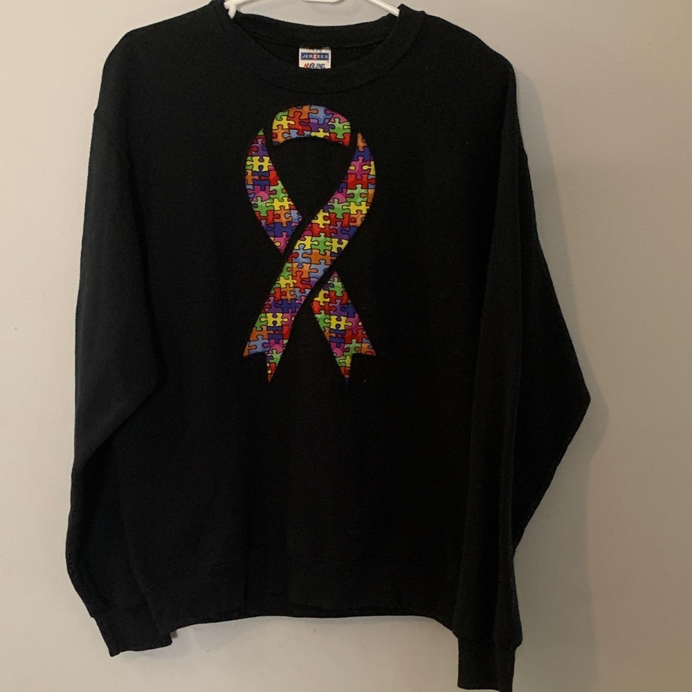 Jerzees Black Crewneck Sweater with Colorful Ribbon